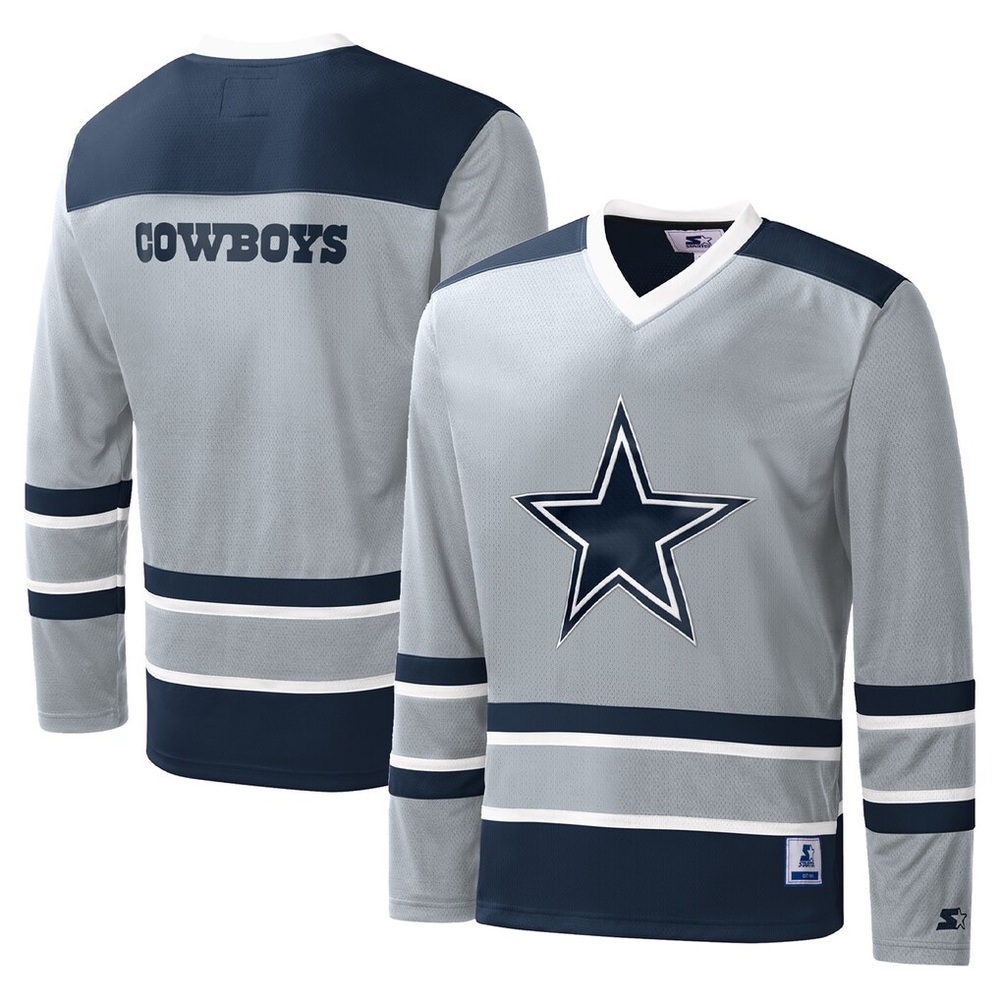 NWT XL Men's Starter Gray Dallas Cowboys Cross Check Long Sleeve V-Neck Shirt